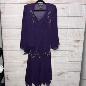 SL Fashions Purple Chiffon Beaded Dress Set Handkerchief Hem Size 12 Formal